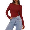 imagePRETTYGARDEN Womens Long Sleeve Shirts 2025 Ribbed Knit Slim Fitted Basic Tee Casual Going Out Tops Underscrubs Fall ClothingRed