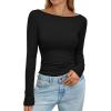 imagePRETTYGARDEN Long Sleeve Shirts for Women 2025 Fall Boat Neck Ribbed Knit Ruched Fitted Going Out Tops Casual Basic TeesBlack