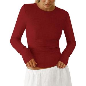 imagePRETTYGARDEN Womens Long Sleeve Shirts 2025 Ribbed Knit Slim Fitted Basic Tee Casual Going Out Tops Underscrubs Fall ClothingRed