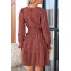 imagePRETTYGARDEN Womens 2025 Long Sleeve Mini Dress Eyelet V Neck A Line Casual Elegant Holiday Wedding Guest Party DressesBrown Red