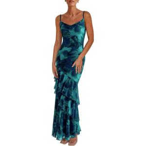 imagePRETTYGARDEN Maxi Dresses for Women 2025 Floral Beach Sundress Spaghetti Strap Tiered Summer Wedding Guest Long DressFloral Lake Blue