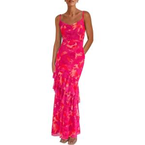 imagePRETTYGARDEN Maxi Dresses for Women 2025 Floral Beach Sundress Spaghetti Strap Tiered Summer Wedding Guest Long DressFloral Rose Red