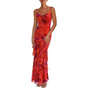imagePRETTYGARDEN Maxi Dresses for Women 2025 Floral Beach Sundress Spaghetti Strap Tiered Summer Wedding Guest Long DressFloral Rust Red