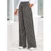 imagePRETTYGARDEN Casual Womens Pants 2025 Elastic Waist Palazzo Long Stretchy Wide Leg Trousers Knit Fall Outfits with PocketsPlaid Black Apricot