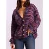 imagePRETTYGARDEN Womens Cardigan Sweaters 2025 Fall Striped Long Sleeve V Neck Button Down Knit Fuzzy Outerwear Trendy ClothesPurple