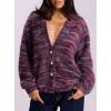 imagePRETTYGARDEN Womens Cardigan Sweaters 2025 Fall Striped Long Sleeve V Neck Button Down Knit Fuzzy Outerwear Trendy ClothesPurple