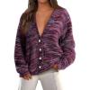 imagePRETTYGARDEN Womens Cardigan Sweaters 2025 Fall Striped Long Sleeve V Neck Button Down Knit Fuzzy Outerwear Trendy ClothesPurple