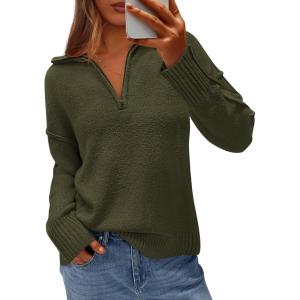 imagePRETTYGARDEN Womens Fall Quarter Zip Pullover Sweaters 2025 Dressy Casual Long Sleeve V Neck Collared Knit Jumper TopsArmy Green