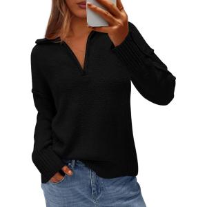 imagePRETTYGARDEN Womens Fall Quarter Zip Pullover Sweaters 2025 Dressy Casual Long Sleeve V Neck Collared Knit Jumper TopsBlack