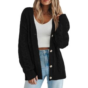 imagePRETTYGARDEN Womens Oversized Cable Knit Cardigan 2025 Fall Fashion Long Sleeve Open Front Chunky Sweaters Winter CoatsBlack