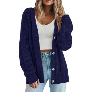 imagePRETTYGARDEN Womens Oversized Cable Knit Cardigan 2025 Fall Fashion Long Sleeve Open Front Chunky Sweaters Winter CoatsNavy Blue