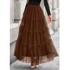 imagePRETTYGARDEN Tulle Skirts for Women 2025 Fall Fashion Elastic High Waisted Tiered Flowy ALine Casual Maxi Long SkirtBrown