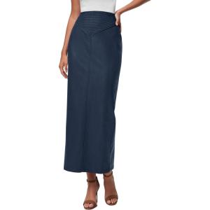 imagePRETTYGARDEN Long Skirts for Women 2025 Fall Fashion Clothing Faux Leather High Waist Dressy Casual Slit Pencil Maxi SkirtNavy Blue