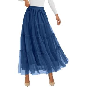 imagePRETTYGARDEN Tulle Skirts for Women 2025 Fall Fashion Elastic High Waisted Tiered Flowy ALine Casual Maxi Long SkirtBlue
