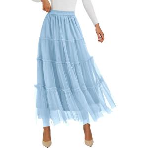 imagePRETTYGARDEN Tulle Skirts for Women 2025 Fall Fashion Elastic High Waisted Tiered Flowy ALine Casual Maxi Long SkirtLight Blue