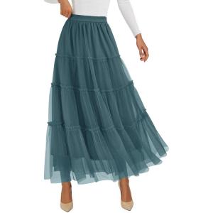 imagePRETTYGARDEN Tulle Skirts for Women 2025 Fall Fashion Elastic High Waisted Tiered Flowy ALine Casual Maxi Long SkirtSage Green