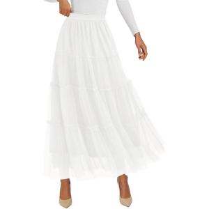 imagePRETTYGARDEN Tulle Skirts for Women 2025 Fall Fashion Elastic High Waisted Tiered Flowy ALine Casual Maxi Long SkirtWhite