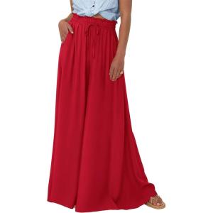 imagePRETTYGARDEN Womens 2025 Summer Wide Leg Palazzo Pants High Waisted Flowy Pockets Trendy Casual Lounge Boho Beach TrousersRed