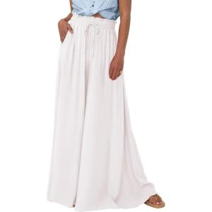 imagePRETTYGARDEN Womens 2025 Summer Wide Leg Palazzo Pants High Waisted Flowy Pockets Trendy Casual Lounge Boho Beach TrousersWhite