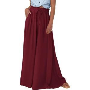 imagePRETTYGARDEN Womens 2025 Summer Wide Leg Palazzo Pants High Waisted Flowy Pockets Trendy Casual Lounge Boho Beach TrousersWine Red