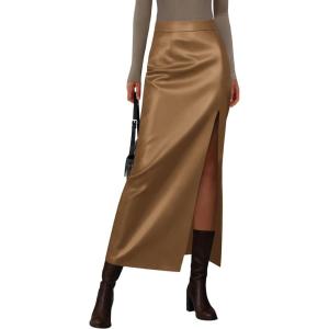 imagePRETTYGARDEN Womens Faux Leather Skirts 2025 Fall Fashion Bodycon High Waisted Slit Work Office Winter Maxi Long Pencil SkirtCamel