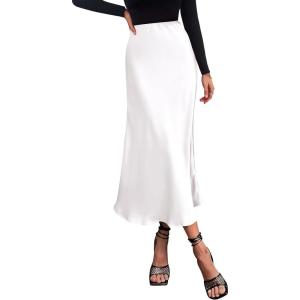 imagePRETTYGARDEN Womens Satin Skirts Dressy Casual 2025 Fall High Waisted Cocktail Wedding Flowy Elegant A Line Midi SkirtWhite