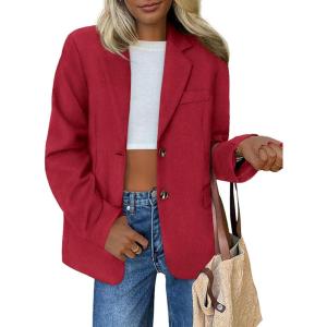 imagePRETTYGARDEN Blazers for Women Business Casual 2025 Fall Fashion Dressy Oversized Faux Suede Suit Jackets Work Office ClothesRed
