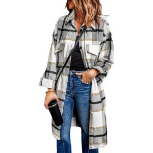 imagePRETTYGARDEN Jackets for Women 2025 Fall Plaid Shacket Long Sleeve Button Down Flannel Shirts Winter Coats Fashion ClothingGrey