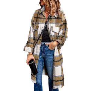 imagePRETTYGARDEN Jackets for Women 2025 Fall Plaid Shacket Long Sleeve Button Down Flannel Shirts Winter Coats Fashion ClothingKhaki