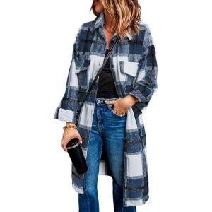 imagePRETTYGARDEN Jackets for Women 2025 Fall Plaid Shacket Long Sleeve Button Down Flannel Shirts Winter Coats Fashion ClothingNavy