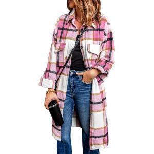 imagePRETTYGARDEN Jackets for Women 2025 Fall Plaid Shacket Long Sleeve Button Down Flannel Shirts Winter Coats Fashion ClothingPink