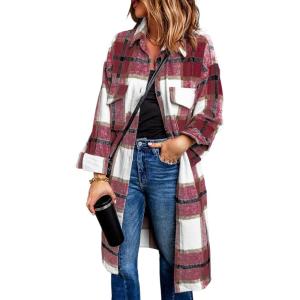 imagePRETTYGARDEN Jackets for Women 2025 Fall Plaid Shacket Long Sleeve Button Down Flannel Shirts Winter Coats Fashion ClothingRed