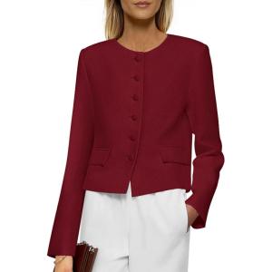 imagePRETTYGARDEN Women Blazers Business Casual Outfits 2025 Fall Fashion Long Sleeve Professional Office Work Suit Jacket ClothesWine Red