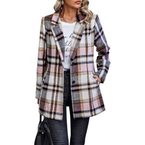 imagePRETTYGARDEN Women Plaid Shacket Jacket Trendy Fall Casual Button Wool Blend Tartan Trench Coat Winter Clothing with PocketsShort Style Pink