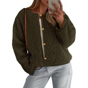 imagePRETTYGARDEN Womens 2025 Fall Fashion Clothes Trendy Fleece Sherpa Cropped Jackets Buttons Warm Casual Winter Faux Fur CoatsArmy Green