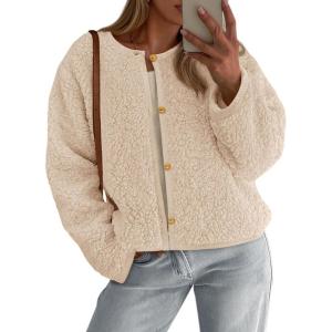 imagePRETTYGARDEN Womens 2025 Fall Fashion Clothes Trendy Fleece Sherpa Cropped Jackets Buttons Warm Casual Winter Faux Fur CoatsBeige