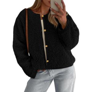 imagePRETTYGARDEN Womens 2025 Fall Fashion Clothes Trendy Fleece Sherpa Cropped Jackets Buttons Warm Casual Winter Faux Fur CoatsBlack