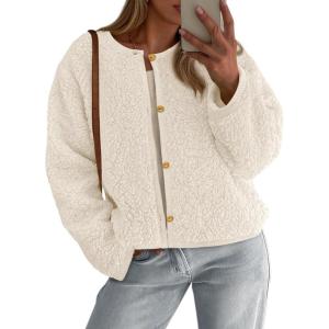 imagePRETTYGARDEN Womens 2025 Fall Fashion Clothes Trendy Fleece Sherpa Cropped Jackets Buttons Warm Casual Winter Faux Fur CoatsWhite