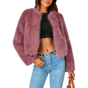 imagePRETTYGARDEN Womens 2025 Winter Coats Fleece Cropped Jacket Faux Fur Long Sleeve Pockets Shaggy Warm Outerwear Fall ClothesBean Paste Red