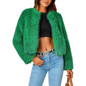 imagePRETTYGARDEN Womens 2025 Winter Coats Fleece Cropped Jacket Faux Fur Long Sleeve Pockets Shaggy Warm Outerwear Fall ClothesGreen