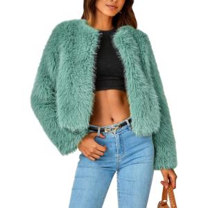 imagePRETTYGARDEN Womens 2025 Winter Coats Fleece Cropped Jacket Faux Fur Long Sleeve Pockets Shaggy Warm Outerwear Fall ClothesLight Green