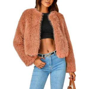 imagePRETTYGARDEN Womens 2025 Winter Coats Fleece Cropped Jacket Faux Fur Long Sleeve Pockets Shaggy Warm Outerwear Fall ClothesOrange