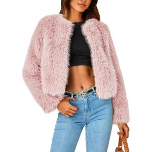 imagePRETTYGARDEN Womens 2025 Winter Coats Fleece Cropped Jacket Faux Fur Long Sleeve Pockets Shaggy Warm Outerwear Fall ClothesPink