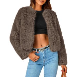 imagePRETTYGARDEN Womens 2025 Winter Coats Fleece Cropped Jacket Faux Fur Long Sleeve Pockets Shaggy Warm Outerwear Fall ClothesTaupe
