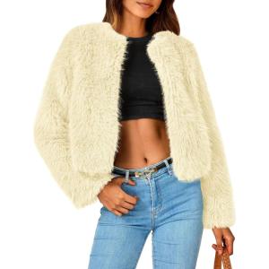 imagePRETTYGARDEN Womens 2025 Winter Coats Fleece Cropped Jacket Faux Fur Long Sleeve Pockets Shaggy Warm Outerwear Fall ClothesYellow