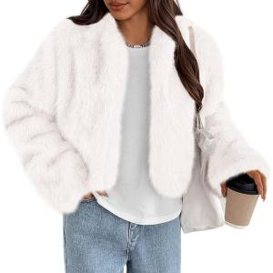 imagePRETTYGARDEN Womens 2025 Winter Coats Fluffy Cropped Faux Fur Jacket Long Sleeve Open Front Shaggy Outerwear Trendy ClothesWhite