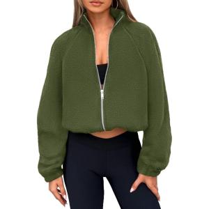 imagePRETTYGARDEN Womens 2025 Winter Fleece Sherpa Jacket Trendy Long Sleeve Zip Up Cropped Warm Coat Fall Fashion Workout ClothesArmy Green
