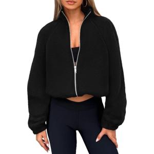 imagePRETTYGARDEN Womens 2025 Winter Fleece Sherpa Jacket Trendy Long Sleeve Zip Up Cropped Warm Coat Fall Fashion Workout ClothesBlack