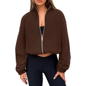 imagePRETTYGARDEN Womens 2025 Winter Fleece Sherpa Jacket Trendy Long Sleeve Zip Up Cropped Warm Coat Fall Fashion Workout ClothesBrown