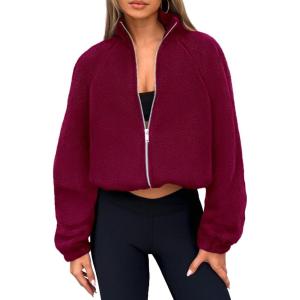 imagePRETTYGARDEN Womens 2025 Winter Fleece Sherpa Jacket Trendy Long Sleeve Zip Up Cropped Warm Coat Fall Fashion Workout ClothesBurgundy